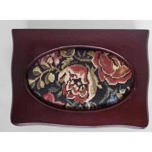 Vtg Wood Jewelry Box with Floral Tapestry Top Mirror Inside Lid and ring holder